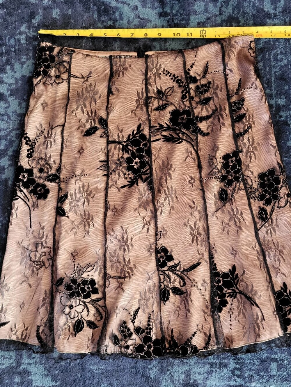 Vintage Size 10 30" Patra Gold Satin with Black Lace overlay A-line Skirt